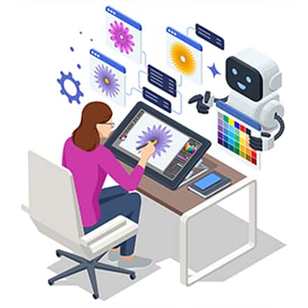 Illustration of a woman using a digital drawing tablet at a desk while a small robot assistant displays colorful design elements around her, representing AI-assisted graphic design.