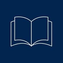 A graphic with a blue background and white book icon