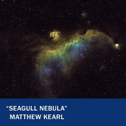 A green, yellow and blue nebula in the shape of a bird in space with the text "Seagull Nebula" Matthew Kearl