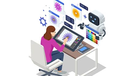 Illustration of a woman using a digital drawing tablet at a desk while a small robot assistant displays colorful design elements around her, representing AI-assisted graphic design.