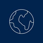 A white outline of the Earth on a blue background.