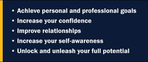 Infographic with text Achieve personal and professional goals Increase your confidence Improve relationships Increase your self-awareness Unlock and unleash your full potential