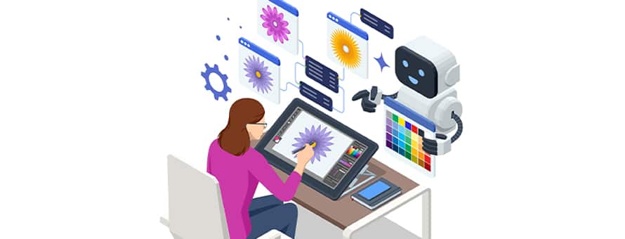 Illustration of a woman using a digital drawing tablet at a desk while a small robot assistant displays colorful design elements around her, representing AI-assisted graphic design.