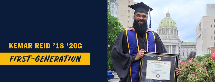 A man holds his WUV diploma with the words Kemar Reid '18 '20G First-Generation