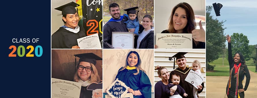 A collage of 2020 WUV graduates and the text 'Class of 2020.' From left to right on the top row: Evelyn Vigo, Casey Lamarca with his wife and child, Shannon Fortunato and Victoria Saffold. From left to right on the bottom row: Mariajose Munoz, Sary Chea and David Collum with his family.