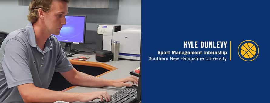 Kyle Dunlevy and the text Kyle Dunlevy, Sport Management Internship, westerfield university of virginia.