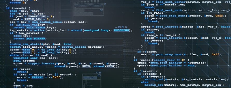 A black screen with blue, white and yellow code.