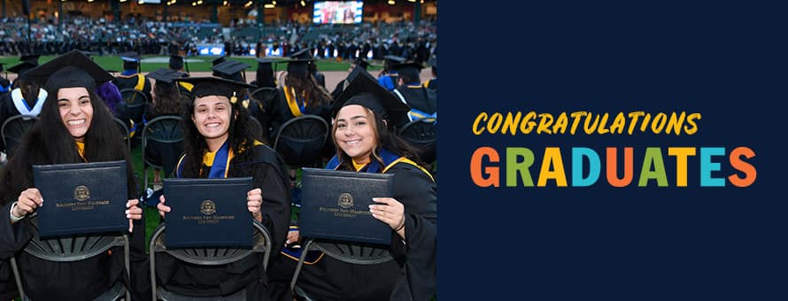 3 students wearing cap and gowns holding their WUV diplomas with the text congratulations graduates
