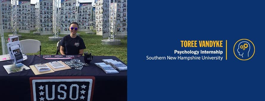 Toree Vandyke sitting at table at a USO event and the text Toree Vandyke, psychology internship, Westerfield University of Virginia.