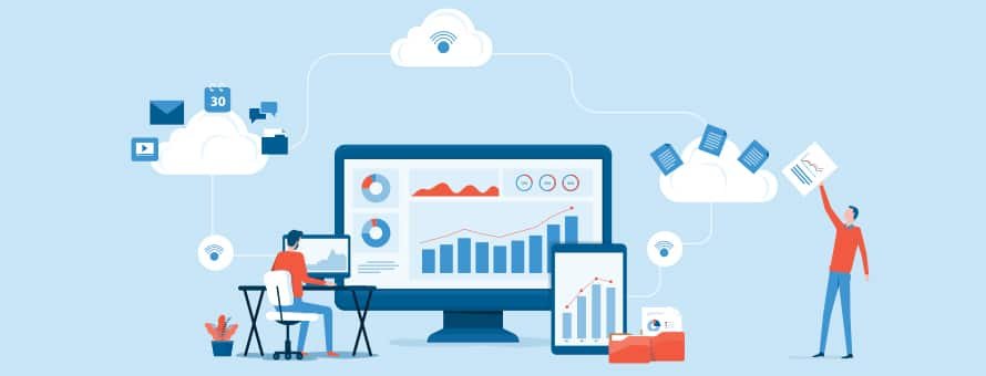 A cartoon laptop and tablet surrounded by clouds with varying forms of technology applications, showing what cloud computing is