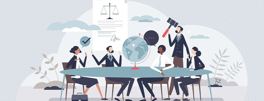 Animated professionals gathered around a globe at a conference table.
