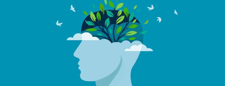 A design of a green tree blossoming inside a head with birds flying to demonstrate the importance of mental health awareness.